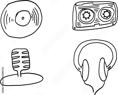 Doodle vector icons on a musical theme, including a vinyl record, cassette tape, microphone, and headphones. Hand-drawn, playful illustrations for music apps, event posters