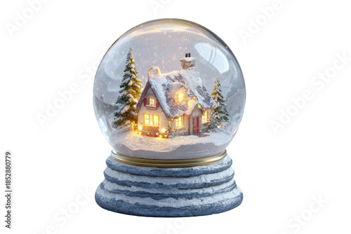 A charming winter scene within a snow globe, with a cozy house amidst snowy pines