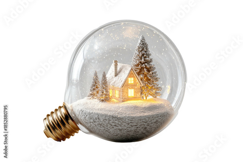 A cozy winter scene captured within a giant glass lightbulb, featuring a snowy house