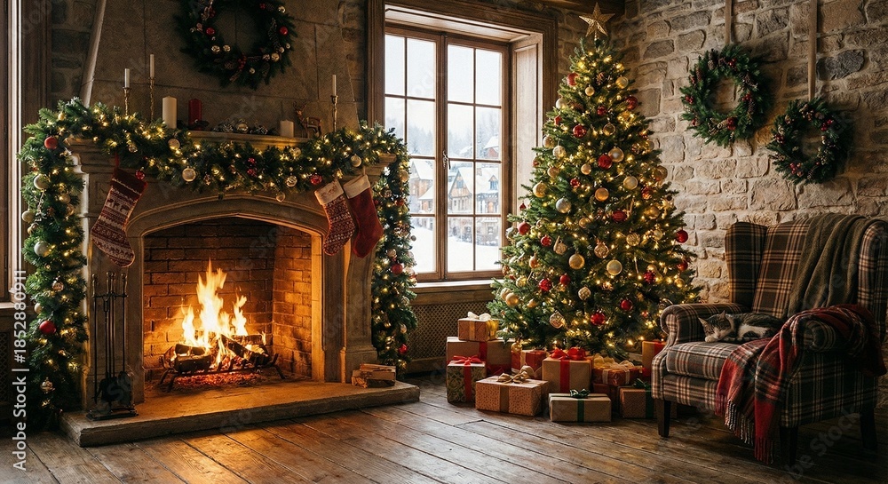 Fototapeta premium Christmas tree indoor in winter with Christmas ornament, fire in fireplace, cat sleep in sofa
