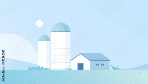 A simple, flat, minimalist illustration of a farm with silos, a barn, and a field, all in various shades of blue