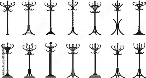 Black Silhouette Vector Set of Classic Wooden Coat Stands and Hall Tree Racks Isolated on White Background for Interior Design Elements (21 words)