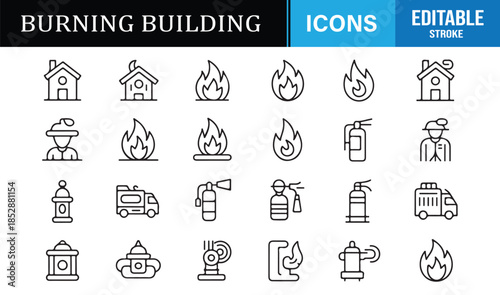 Burning building and fire emergency outline icons set