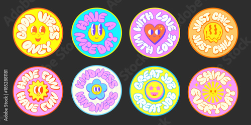 Cool Cartoon Funny Character Stickers Set Vector Design. Groovy Pop Art Funky Patches. Y2k Badges.
