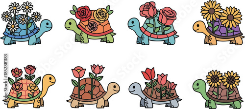 Floral Turtle Collection Adorable Cartoon Tortoises with Blossoms.