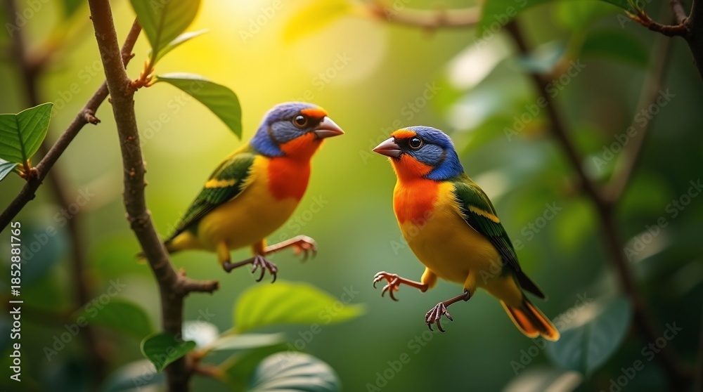 Fototapeta premium Vibrant Pair of Exotic Birds Perched on Green Branches Bathed in Golden Sunlight