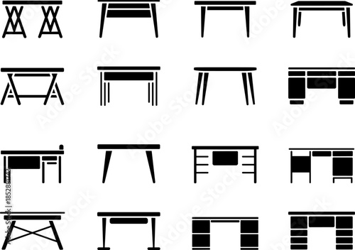 Office Desk and Table Silhouette Icon Set Featuring Professional Workspace Furniture Interior Design Elements for Corporate Business Workplace and Studio