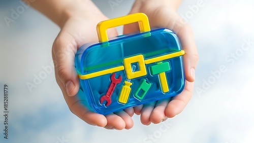 Hands holding a small blue toy toolbox with colorful tools inside