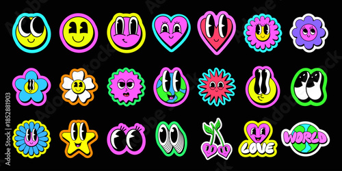 Cool Groovy Character Cartoon Faces Stickers Vector Set. Collection Of Funny Funky Emoticons.