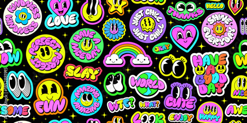 Cool Groovy Stickers Collage Vector Design. Trendy Y2k Patches Pattern Background. Set Of Funny Funky Retro Pop Art Badges.