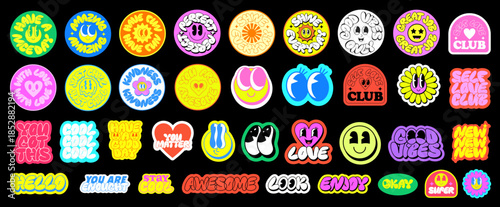 Set Of Retro Funky Stickers. Collection Of Groovy Funny Characters. Y2k Badges Pop Art Vector Design. Cool Trendy Labels.