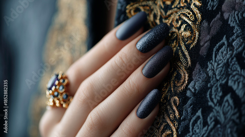 Feminine hand with matte black textured nails and gold ring against luxury embroidered fabric
