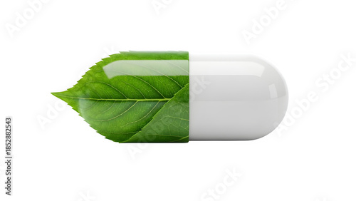 A green leaf and white capsule isolated on transparent background