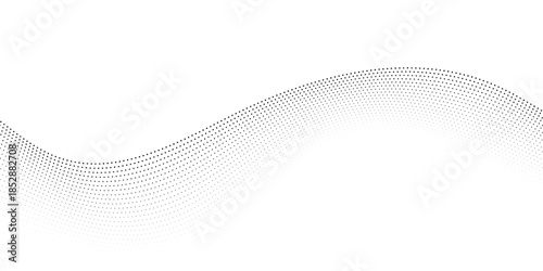 Abstract dotted wave vector background with flowing gray particle points on white, forming monochrome digital motion, depth, and visual harmony for technology and science