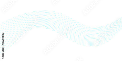 Abstract digital dotted wave with blue particle flow on white background, minimalist vector illustration representing technology, science, and big data visual harmony