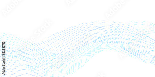 Abstract digital dotted wave with blue particle flow on white background, minimalist vector illustration representing technology, science, and big data visual harmony