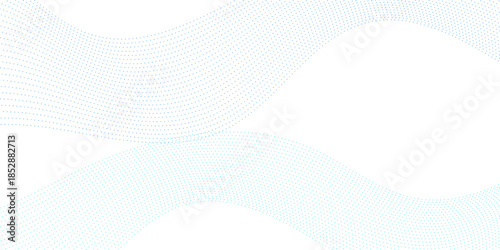 Abstract digital dotted wave with blue particle flow on white background, minimalist vector illustration representing technology, science, and big data visual harmony