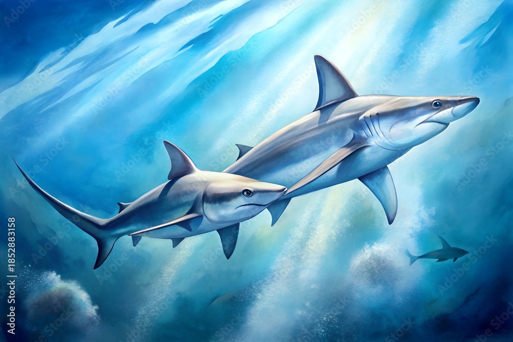 Naklejka premium Two gray reef sharks swimming in ocean currents