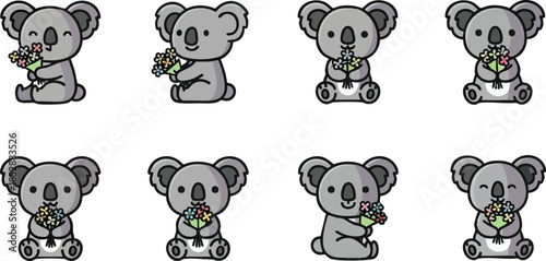Set of cute cartoon koala characters holding eucalyptus leaves.