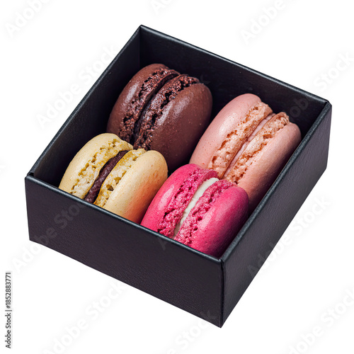 A close-up shot of a small box containing an assortment of colorful, delicious macarons