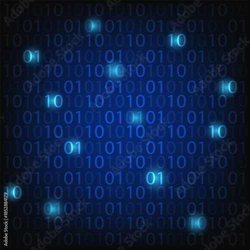 Abstract blue binary numbers glowing on dark background, digital data flow, technology cybersecurity and information concept