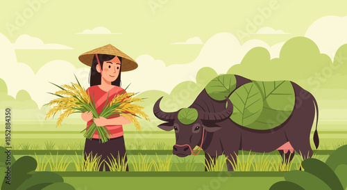 Woman with Hat Standing Near Buffalo.