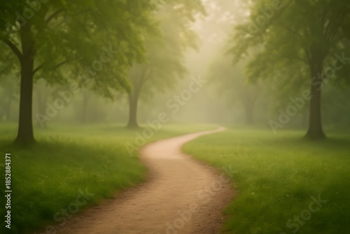 A blurred park background with walking path, trees, and morning mist