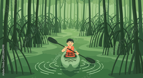 Young Boy Paddling Canoe in Swamp.