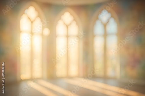 A soft, dreamy bokeh view of sunlight streaming through tall arched glass windows inside a cathedral