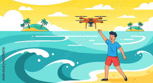 Man Controlling Drone on Beach Vacation.