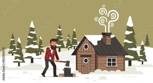 Man Chopping Wood Near Small House.