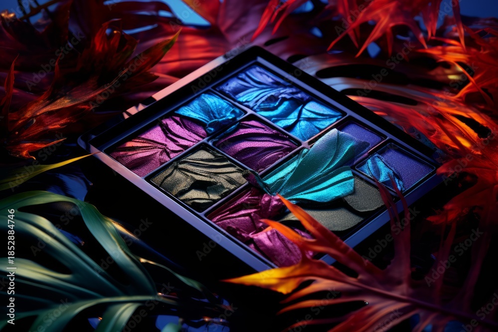 Fototapeta premium Colorful eyeshadow palette surrounded by vibrant tropical foliage