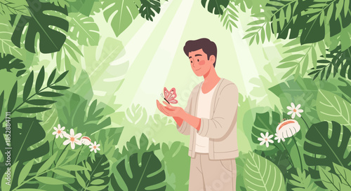 Man holding flowers in lush greenery.