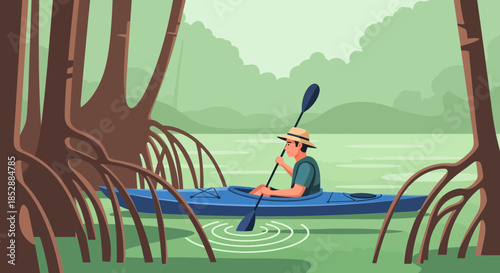 Man Paddling Canoe in Serene Environment.