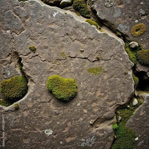 A rough-hewn stone texture with moss and lichen, suggesting ancient origins and rugged beauty,  wild,  lichen
