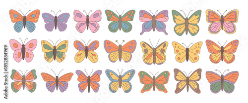 Cute Cartoon Butterfly Set with Colorful Outlines. Beautiful Doodle Flying Insects for Spring Stickers. Hand Drawn Whimsical Rainbow Wings Clipart for Tropical Summer Vector Design.