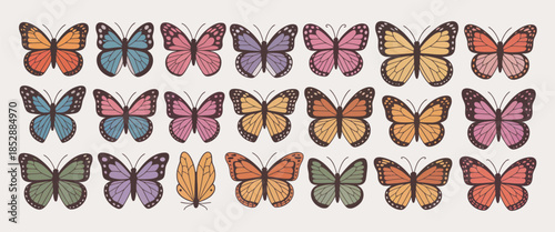 Cute Cartoon Butterfly Set with Colorful Outlines. Beautiful Doodle Flying Insects for Spring Stickers. Hand Drawn Whimsical Rainbow Wings Clipart for Tropical Summer Vector Design.