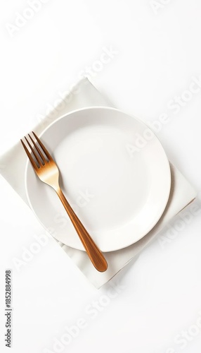 White plate, linen napkin, wooden fork on clean white background,  napkin,  plate