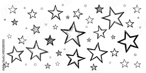 Whimsical, unevenly sized stars sketched in varying shades of grey and black on white background, element, stars pattern