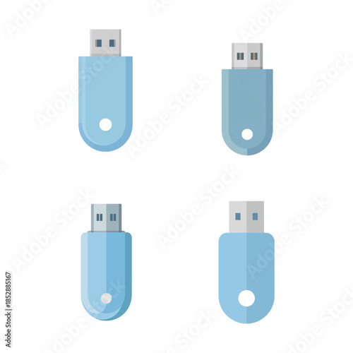 Modern Flat Design USB Stick in Blue Color with Keychain Hole Isolated on Transparent Background