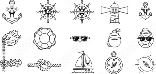 Set of cute nautical themed cartoon characters and objects in black and white outline style.