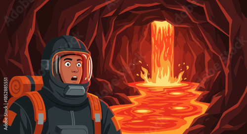 Volcanologist in protective gear near lava flow.