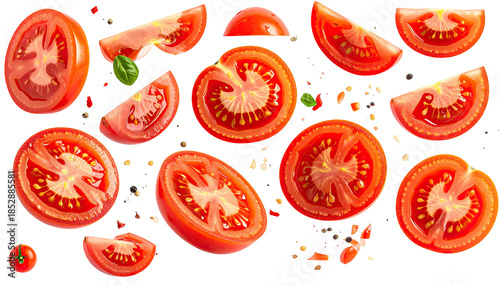 Sliced red tomatoes are floating, with basil leaves on a black background