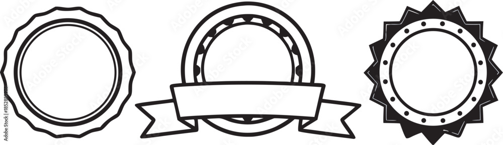 Obraz premium Three circular badges with ribbon and patterned edges