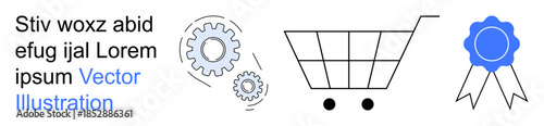 E-commerce, achievement, settings customization, online shopping, retail, quality certification. Gear icons, shopping cart and ribbon in flat vector style. Online shopping and achievement concept