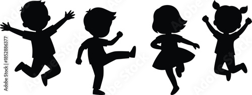 Silhouettes of children jumping, dancing, kicking, joyful movement, black figures, playful posture, expressive energy, childhood fun, dynamic pose, white background, motion
