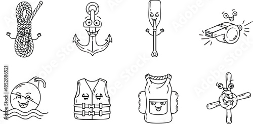 Set of funny cartoon nautical and boating equipment characters.