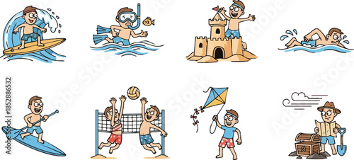 Summer Beach Activities Collection Surfing Snorkeling Sandcastle Building Swimming Kayaking Beach Volleyball Kite Flying and Treasure Hunting.