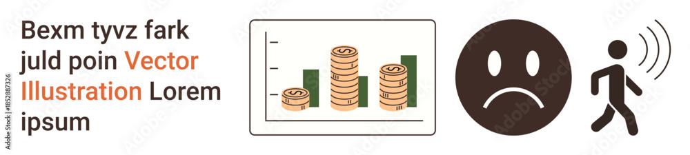 Fototapeta premium Financial success, emotional health, decision-making, economic stress, human behavior, communication. Bar graph with coins, sad face walking icon with sound waves. Financial success and emotional
