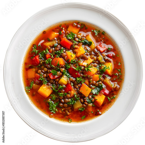 Hearty Meatball Vegetable Soup in White Bowl with Carrots, Celery, Bell Peppers, Parsley Garnish – Nutritious Homemade Comfort Food Photography